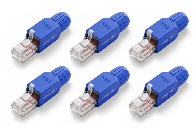 Main image of Cat6 Tool-Free RJ45 Connector 6-Pack, Gold-Plated, UTP 23-26AWG | 23-26 AWG Network Cable Compatibility, Toolless Field Termination for Easy Installation 6 Pack - UTP CAT6 Blue Connector