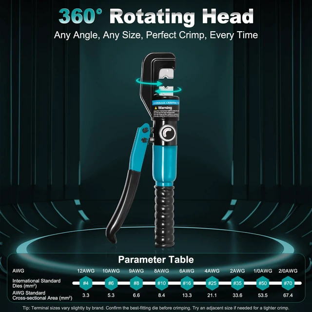 Alt view image 4 of 7 - 10 Tons Hydraulic Crimping Tool with 9 Dies, 12 to 2/0 AWG | Battery Cable Crimper Tool, Wire Rope Crimping Tool for 1/16" 1/8" 3/16" Stainless Steel Cable Railing Tool