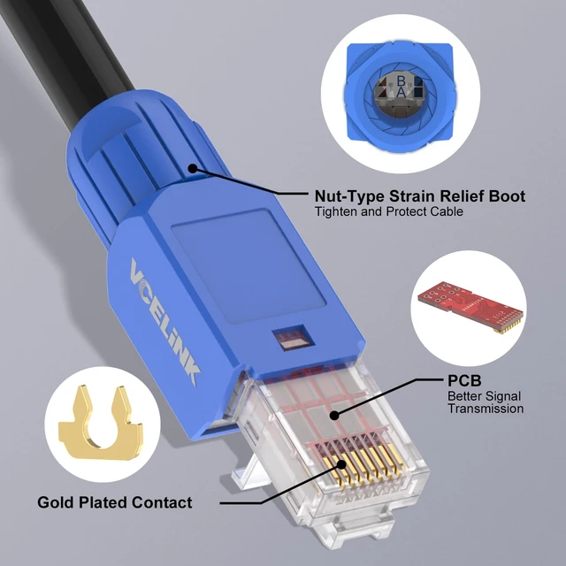 Alt view image 4 of 7 - Cat6 Tool-Free RJ45 Connector 6-Pack, Gold-Plated, UTP 23-26AWG | 23-26 AWG Network Cable Compatibility, Toolless Field Termination for Easy Installation 6 Pack - UTP CAT6 Blue Connector