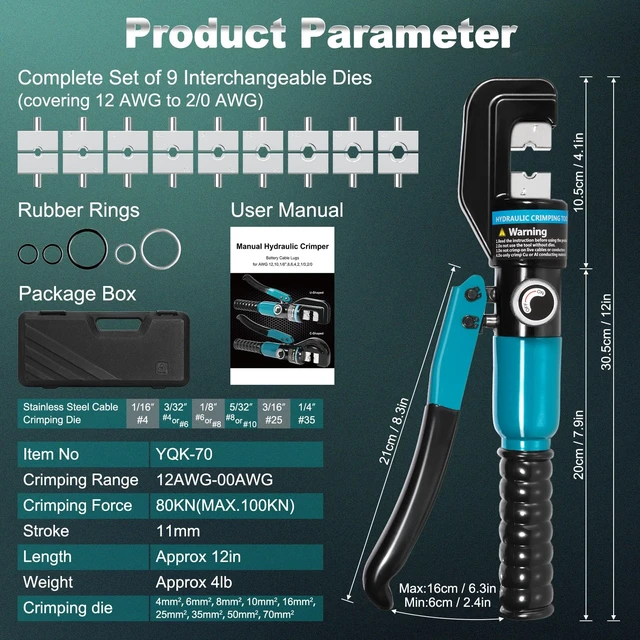 Alt view image 7 of 7 - 10 Tons Hydraulic Crimping Tool with 9 Dies, 12 to 2/0 AWG | Battery Cable Crimper Tool, Wire Rope Crimping Tool for 1/16" 1/8" 3/16" Stainless Steel Cable Railing Tool