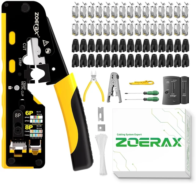 Main image of RJ45 Pass-Through Crimping Tool Kit for Cat7/Cat6/Cat5 | Includes 60V PoE Cable Tester, 2PCS Wire Stripper, Cutter,Screwdrivers 30PCS Cat7 Connectors & Strain Relief Boots.