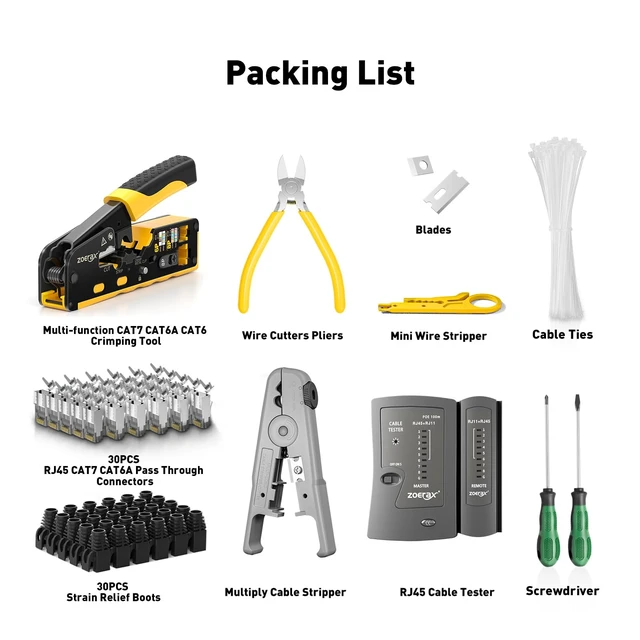 Alt view image 7 of 7 - RJ45 Pass-Through Crimping Tool Kit for Cat7/Cat6/Cat5 | Includes 60V PoE Cable Tester, 2PCS Wire Stripper, Cutter,Screwdrivers 30PCS Cat7 Connectors & Strain Relief Boots.