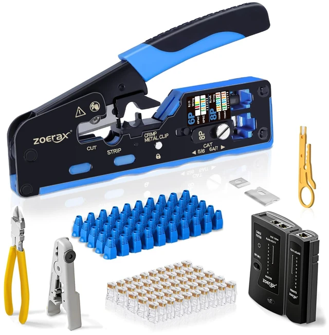 Main image of RJ45 Crimp Tool, Cat7 Cat6 Cat5 Crimping Tool Kit with Wire Cutter, Network Cable Tester, Mini Cable Stripper, 50xCat6 Connectors, 50xRJ45 Boots, Ethernet Crimper for Network Cable Installation