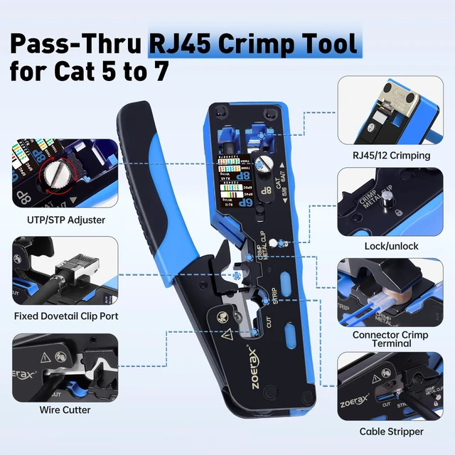 Alt view image 2 of 7 - RJ45 Crimp Tool, Cat7 Cat6 Cat5 Crimping Tool Kit with Wire Cutter, Network Cable Tester, Mini Cable Stripper, 50xCat6 Connectors, 50xRJ45 Boots, Ethernet Crimper for Network Cable Installation
