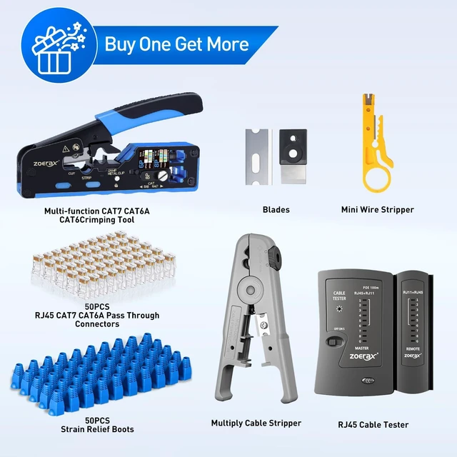 Alt view image 7 of 7 - RJ45 Crimp Tool, Cat7 Cat6 Cat5 Crimping Tool Kit with Wire Cutter, Network Cable Tester, Mini Cable Stripper, 50xCat6 Connectors, 50xRJ45 Boots, Ethernet Crimper for Network Cable Installation