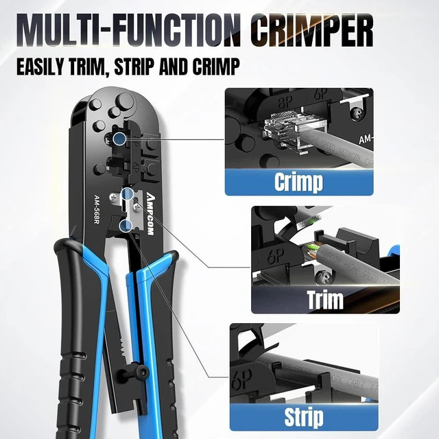 Alt view image 3 of 6 - RJ45 Crimping Tool, 8P/6P-RJ11, RJ12 Crimper Cutter Stripper AM-568R
