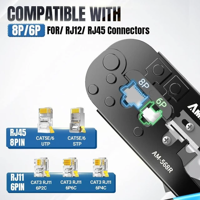 Alt view image 5 of 6 - RJ45 Crimping Tool, 8P/6P-RJ11, RJ12 Crimper Cutter Stripper AM-568R