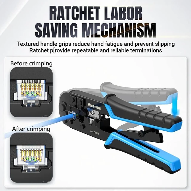 Alt view image 4 of 6 - RJ45 Crimping Tool, 8P/6P-RJ11, RJ12 Crimper Cutter Stripper AM-568R