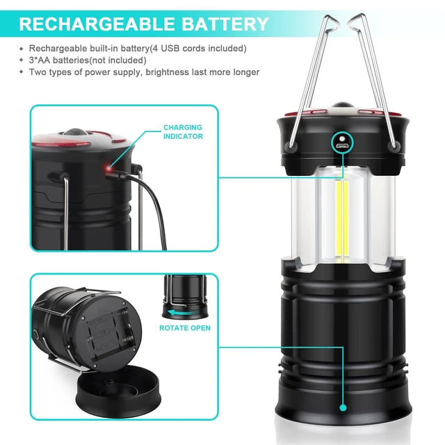 Alt view image 3 of 6 - 4 Pack Camping Lanterns Camping Essentials Tent Lights Camping Accessories | 2-in-1 Rechargeable Lantern, Hurricane Lights LED Lantern with Flashlight & Magnet Base for Camping, Hiking,Emergency