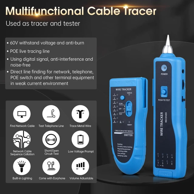 Alt view image 3 of 7 - Cable Tracer Ethernet Network Cable Tester RJ45 RJ11 - Wire Toner Tracker CAT5 CAT6 Continuity Tester - Tone Generator and Probe Kit Telephone Line Finder Locator Detector Tool - Blue
