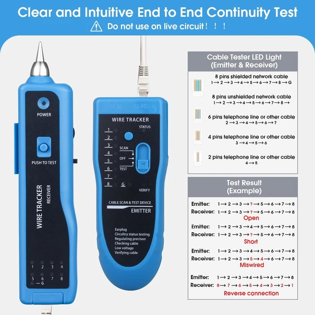 Alt view image 5 of 7 - Cable Tracer Ethernet Network Cable Tester RJ45 RJ11 - Wire Toner Tracker CAT5 CAT6 Continuity Tester - Tone Generator and Probe Kit Telephone Line Finder Locator Detector Tool - Blue