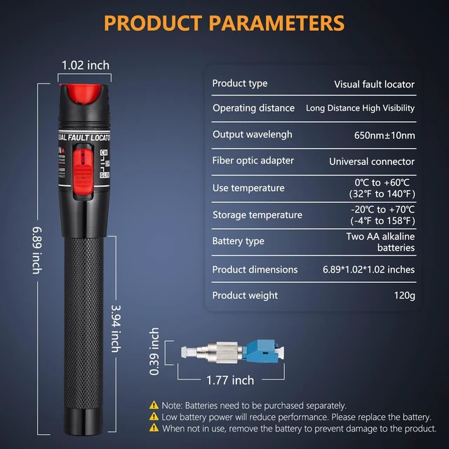 Alt view image 2 of 7 - VFL Fiber Optic HT-50, Visual Fault Locator Red Light Tester CATV | FC to LC adapter, SM 9/125m & multimode, CW/pulse modes, for telecom & FTTH, laser pen