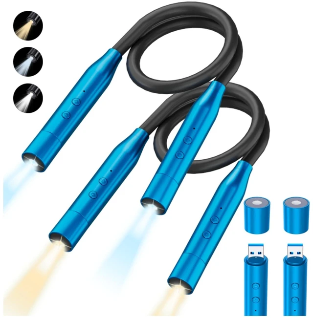 Main image of 2 Pack Neck Book Lights, 3 Colors & 3 Brightness Levels, Flexible 380° Neck Light Rechargeable, LED Reading Lights for Books in Bed, 80 Hrs Lasting, Perfect for Reading, Knitting, Crafts, Repairs