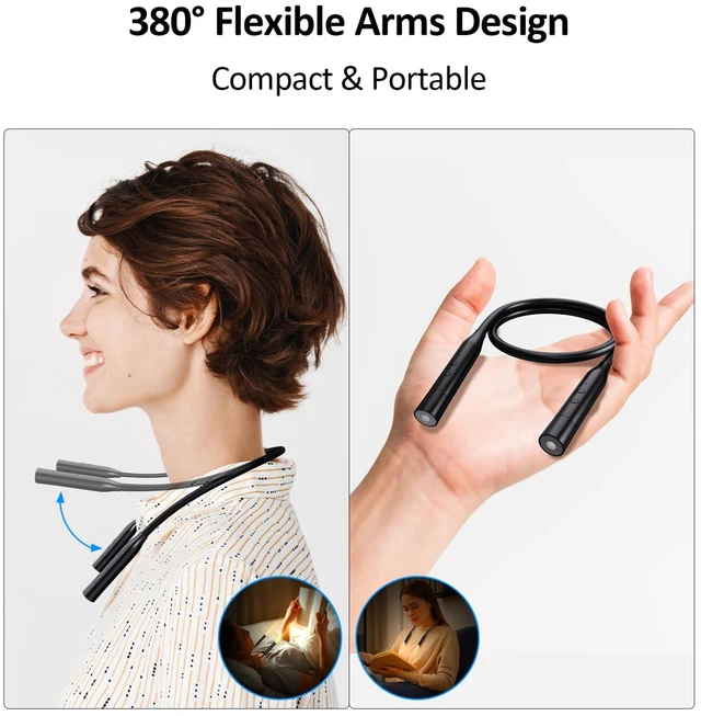 Alt view image 4 of 7 - 2 Pack Neck Book Lights, 3 Colors & 3 Brightness Levels, Flexible 380° Neck Light Rechargeable, LED Reading Lights for Books in Bed, 80 Hrs Lasting, Perfect for Reading, Knitting, Crafts, Repairs
