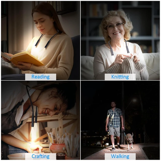 Alt view image 7 of 7 - 2 Pack Neck Book Lights, 3 Colors & 3 Brightness Levels, Flexible 380° Neck Light Rechargeable, LED Reading Lights for Books in Bed, 80 Hrs Lasting, Perfect for Reading, Knitting, Crafts, Repairs