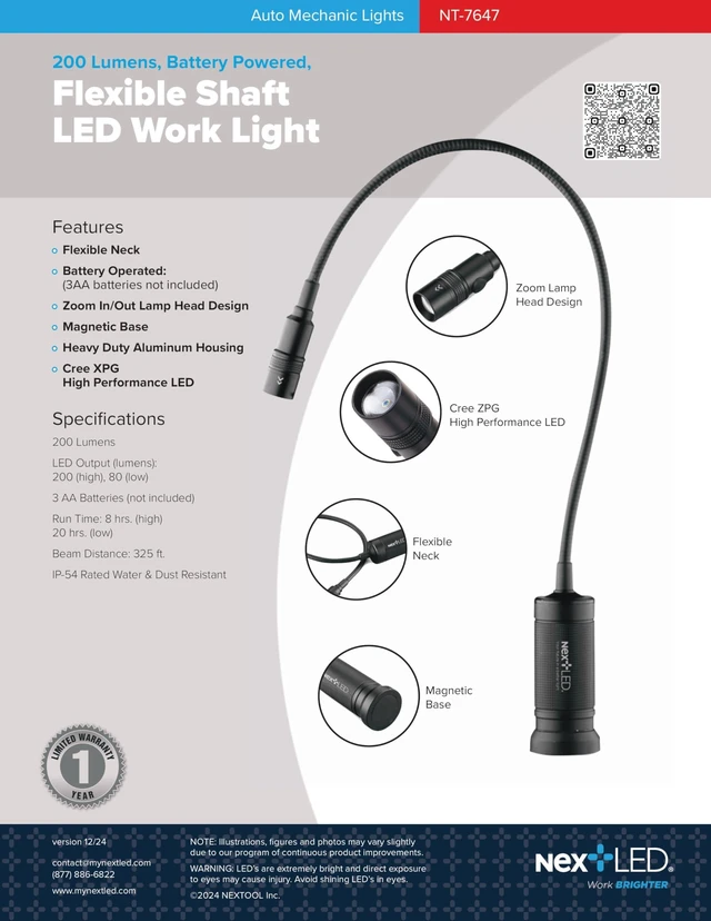 Alt view image 2 of 5 - NT-7647 20-Inch Gooseneck Flashlight with Magnetic Base, Cree LED, Zoomable Lens, IP54 Rating Waterproof. Flexible LED Light, Work Bench, Auto Repair, Grill Light, Inspection