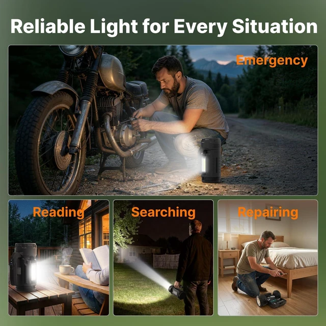 Alt view image 6 of 7 - Rechargeable Flashlight, Multi-Tool Camping Lantern with 983LM | 9000 mAh Portable LED Camping Spotlight for Camping Emergency, Outdoor Hiking, Gray/Black