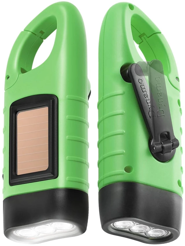 Main image of 2-Pack Hand Crank Solar Powered LED Flashlight, Emergency Survival Flashlight with Dynamo Carbiner, Light Green
