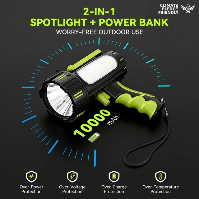 Alt view image 3 of 7 - Rechargeable Spotlight Flashlight, 100000 High Lumens Searchlight | IP68 Battery Powered Large Flashlights, Super Bright Handheld LED Spotlights for Hurricanes, Emergencies, Camping and Boating