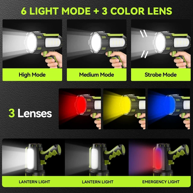 Alt view image 4 of 7 - Rechargeable Spotlight Flashlight, 100000 High Lumens Searchlight | IP68 Battery Powered Large Flashlights, Super Bright Handheld LED Spotlights for Hurricanes, Emergencies, Camping and Boating
