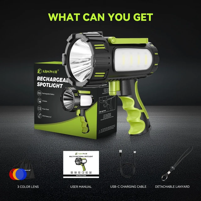 Alt view image 7 of 7 - Rechargeable Spotlight Flashlight, 100000 High Lumens Searchlight | IP68 Battery Powered Large Flashlights, Super Bright Handheld LED Spotlights for Hurricanes, Emergencies, Camping and Boating