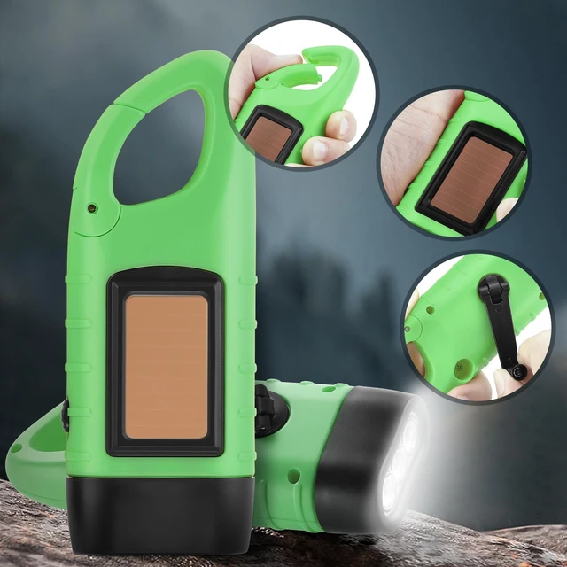 Alt view image 7 of 7 - 2-Pack Hand Crank Solar Powered LED Flashlight, Emergency Survival Flashlight with Dynamo Carbiner, Light Green