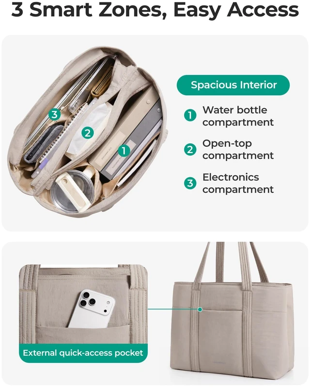 Alt view image 3 of 7 - Tote Bag for Women with Compartments Work Tote Bag with Zipper | 21.5L Shoulder Handbag with Inner 40oz Tumbler Pocket, Fits 15.6" Laptop, Open-top Compartment for College Teacher Nurse
