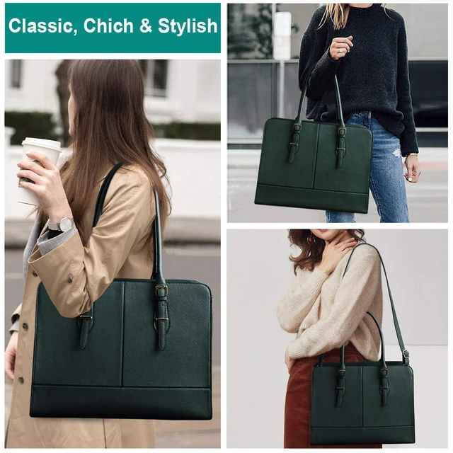 Alt view image 2 of 7 - Women Laptop Bag Leather Work Tote 15.6 Inch Laptop Computer Bag for women | Business Shoulder Messenger Bag, Waterproof Office Handbag for Professional Teacher Nurse Carryall, Green