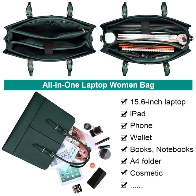 Alt view image 4 of 7 - Women Laptop Bag Leather Work Tote 15.6 Inch Laptop Computer Bag for women | Business Shoulder Messenger Bag, Waterproof Office Handbag for Professional Teacher Nurse Carryall, Green
