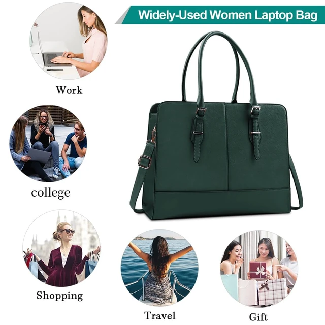 Alt view image 7 of 7 - Women Laptop Bag Leather Work Tote 15.6 Inch Laptop Computer Bag for women | Business Shoulder Messenger Bag, Waterproof Office Handbag for Professional Teacher Nurse Carryall, Green