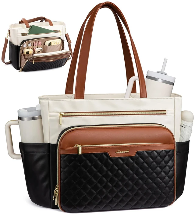 Main image of Teacher Tote Bag Soft PU Leather Work Briefcase Quilted Laptop Bag | 3 Large Cup Holders, Waterproof Work Tote Bags for Women Nurse Bag Bible Bag Laptop Purse College Office Computer Handbag