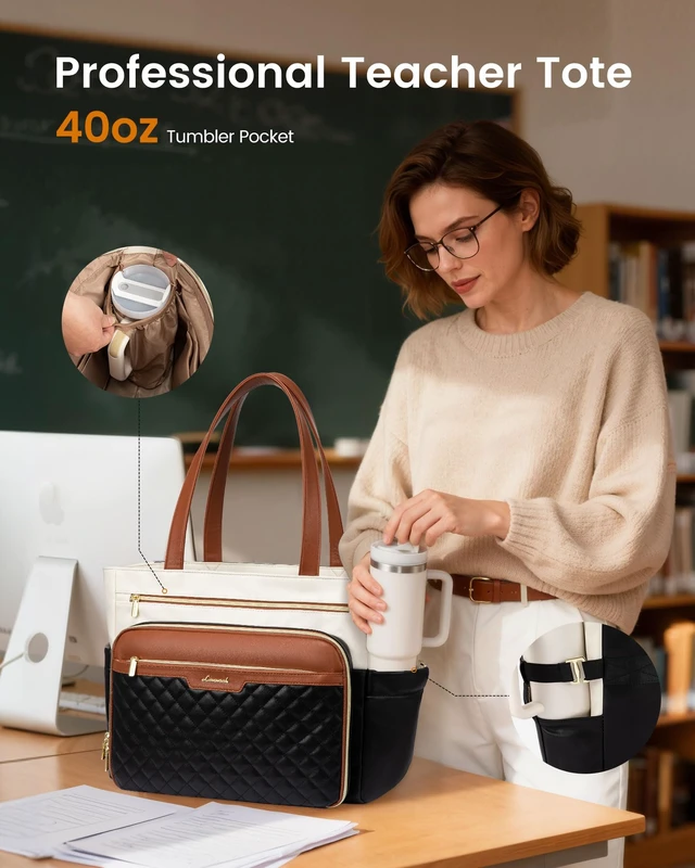 Alt view image 2 of 7 - Teacher Tote Bag Soft PU Leather Work Briefcase Quilted Laptop Bag | 3 Large Cup Holders, Waterproof Work Tote Bags for Women Nurse Bag Bible Bag Laptop Purse College Office Computer Handbag