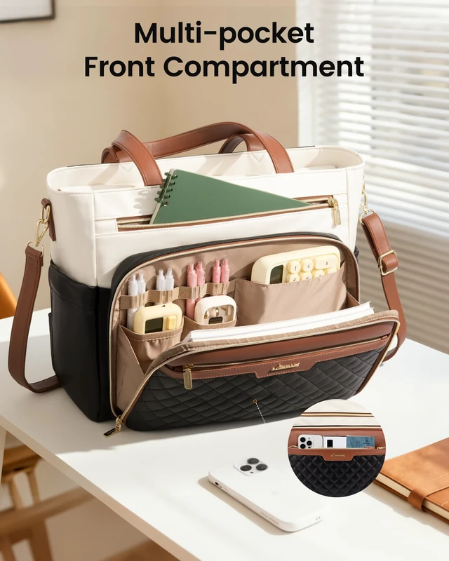 Alt view image 4 of 7 - Teacher Tote Bag Soft PU Leather Work Briefcase Quilted Laptop Bag | 3 Large Cup Holders, Waterproof Work Tote Bags for Women Nurse Bag Bible Bag Laptop Purse College Office Computer Handbag