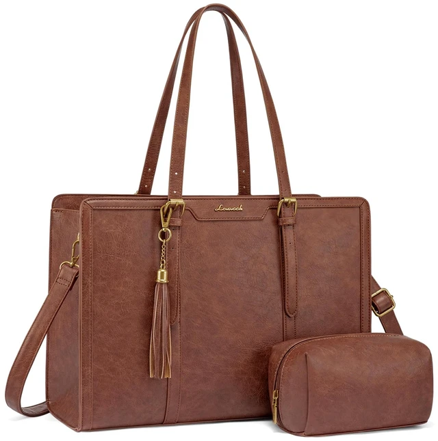 Main image of Laptop Tote Bag for Women,15.6 Inch Vintage Work Bag with Clutch,Large Leather Laptop Purse with Cup Holder for Teacher,Office