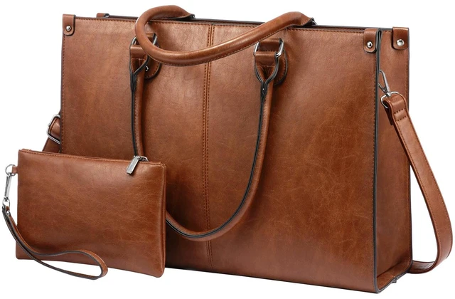 Main image of Laptop Tote Bag for Women, 15.6 Inch Professional Work Bag with Matching Clutch, Waterproof Vintage Leather Computer Tote for Office, Business Travel & Daily Use, Gift for Women