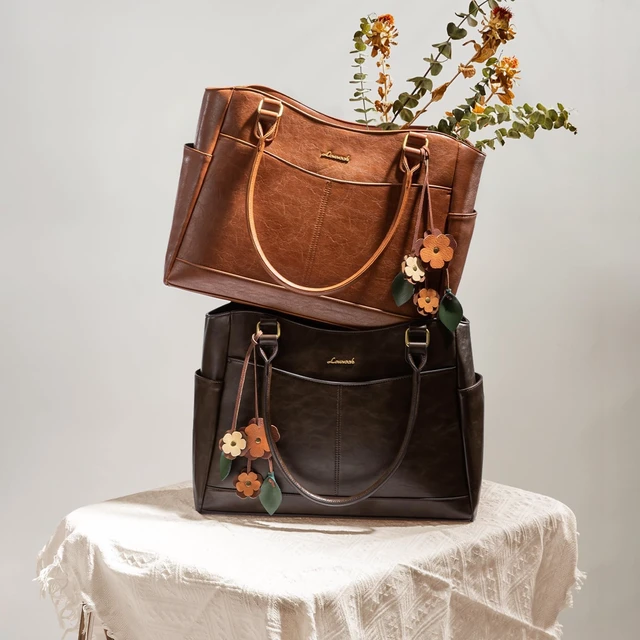 Alt view image 3 of 7 - Laptop Bag for Women, Vintage Work Tote, Teacher Bag with Pendant | Fits 15.6 Inch Laptop, Magnetic Front Pockets, fits for Large Bottle Pockets, Flower Pendant, Fashion Work Purse