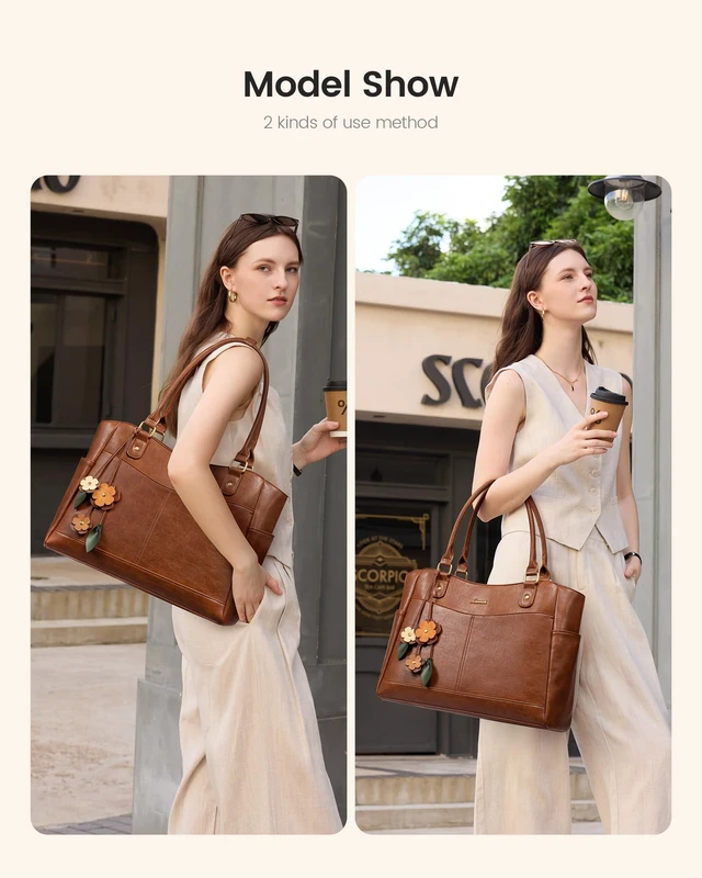 Alt view image 5 of 7 - Laptop Bag for Women, Vintage Work Tote, Teacher Bag with Pendant | Fits 15.6 Inch Laptop, Magnetic Front Pockets, fits for Large Bottle Pockets, Flower Pendant, Fashion Work Purse