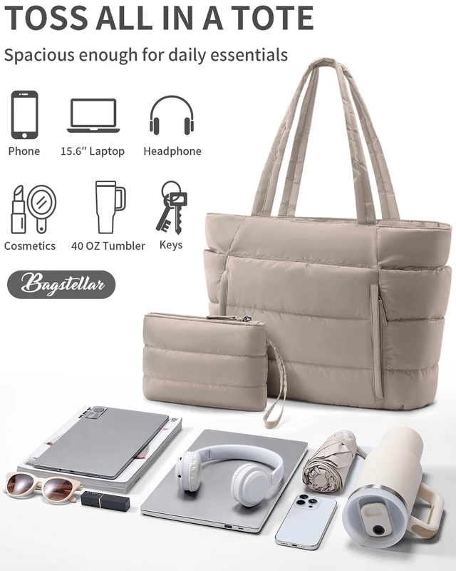 Alt view image 7 of 7 - Puffer Tote Bag for Women, Lightweight Puffy Work Tote Handbag | 16 Pocket Teacher Nurse Quilted Shoulder Bag Large Cloud Carry On Purse for Travel Gym School Nursing