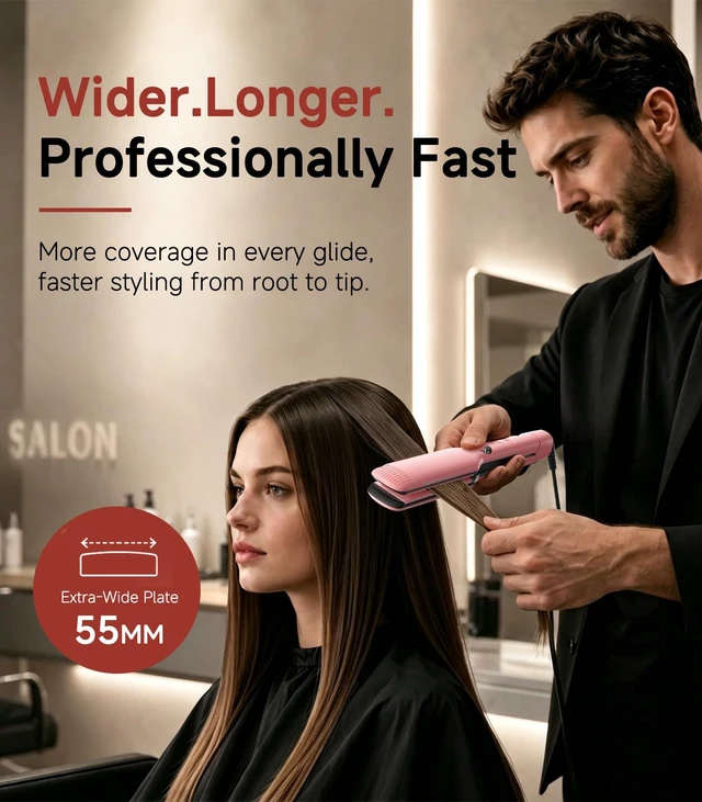 Alt view image 2 of 7 - Hair Straightener,11 Temp, Ceramic Floating Plate with LED Display,Wide Flat Iron, Negative Ion, Auto Shut-Off & Global Voltage, Pink
