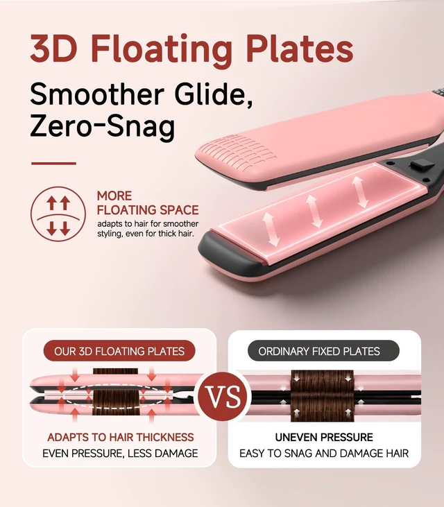 Alt view image 4 of 7 - Hair Straightener,11 Temp, Ceramic Floating Plate with LED Display,Wide Flat Iron, Negative Ion, Auto Shut-Off & Global Voltage, Pink