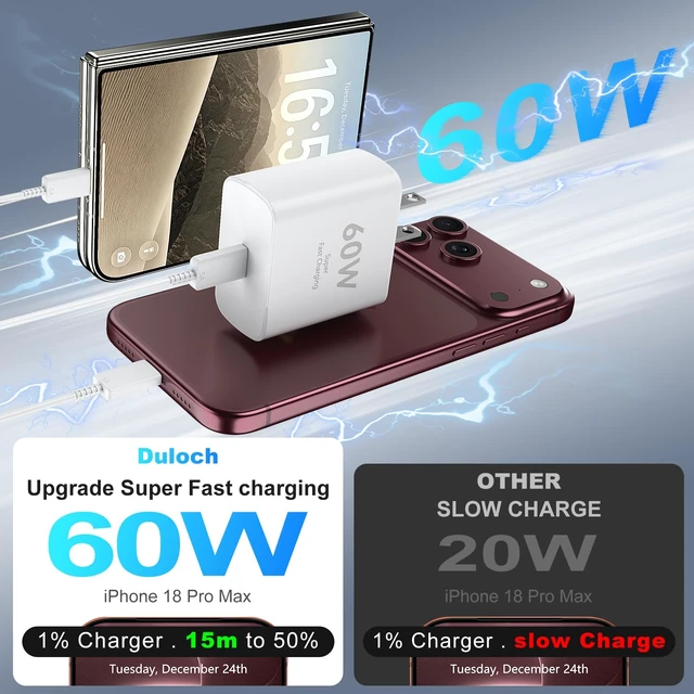 Alt view image 2 of 7 - iPhone 18 Pro Max Charger Fast Charging,60W iPhone Duo USB C Super Charger For New iPhone 18 Charger with 10 FT Long Type C Fast Charging Cable Cord for iPhone 18 Pro Max/Pro/Duo/17/16/ProMax/Pro/S26