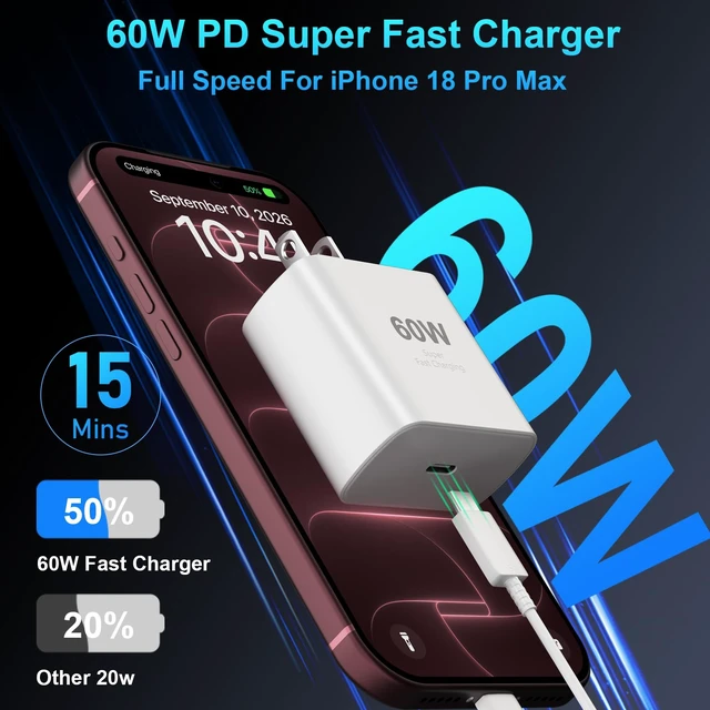 Alt view image 3 of 7 - iPhone 18 Pro Max Charger Fast Charging,60W iPhone Duo USB C Super Charger For New iPhone 18 Charger with 10 FT Long Type C Fast Charging Cable Cord for iPhone 18 Pro Max/Pro/Duo/17/16/ProMax/Pro/S26