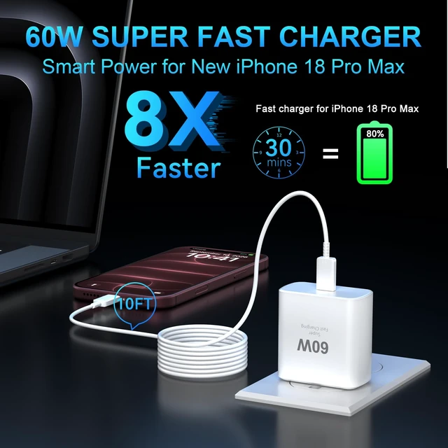 Alt view image 4 of 7 - iPhone 18 Pro Max Charger Fast Charging,60W iPhone Duo USB C Super Charger For New iPhone 18 Charger with 10 FT Long Type C Fast Charging Cable Cord for iPhone 18 Pro Max/Pro/Duo/17/16/ProMax/Pro/S26