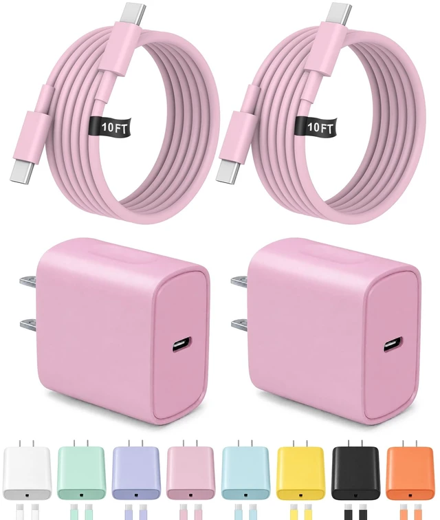 Main image of 10FT iPhone 18 17 16 15 Charger Fast Charging USB C Charger Block | for iPhones, iPads,Tablets,Android,2-Pack 20W iPhone Charger Type C Chagrer Fast Charging with Extra Long USB-C Cables(Pink)