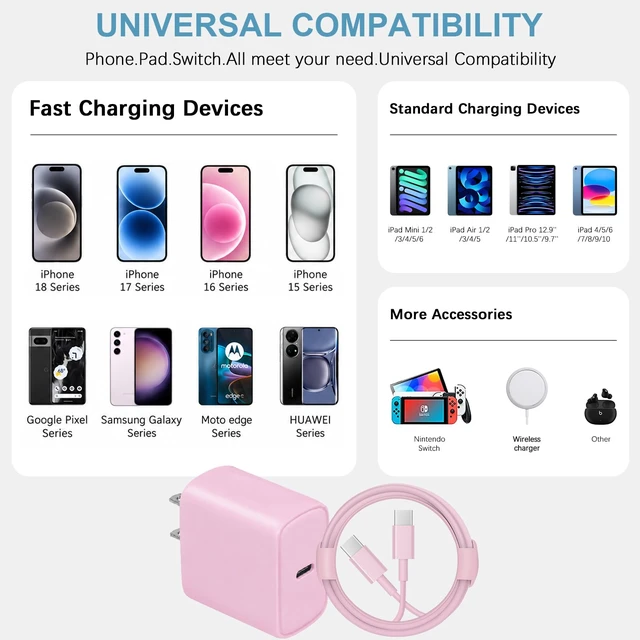 Alt view image 6 of 7 - 10FT iPhone 18 17 16 15 Charger Fast Charging USB C Charger Block | for iPhones, iPads,Tablets,Android,2-Pack 20W iPhone Charger Type C Chagrer Fast Charging with Extra Long USB-C Cables(Pink)