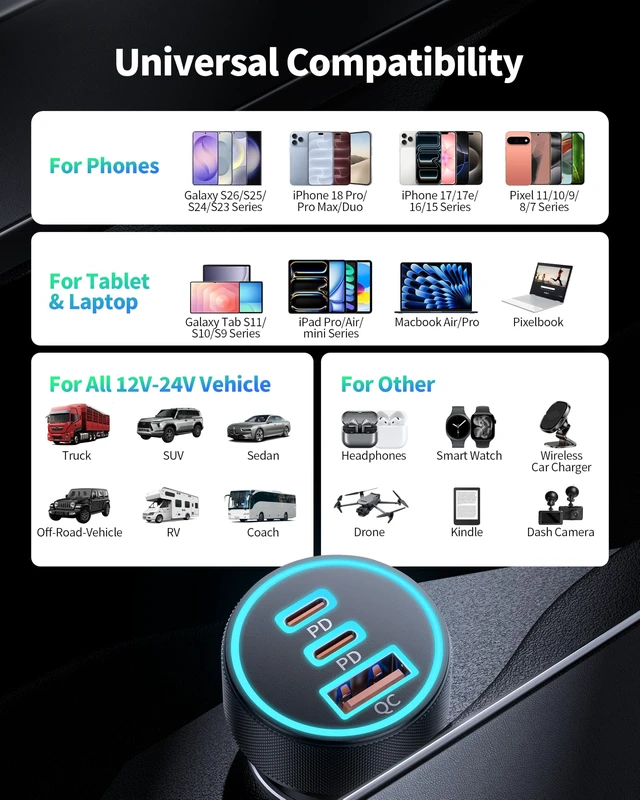 Alt view image 5 of 7 - 67W 3-Port Super Fast Type C Car Charger USB C for Samsung S26 S25 S24 S23 for iPhone 18/17 Pro Max,Android,Cigarette Lighter USB Charger Car Phone Adapter Accessories for Men Women + 3FT USB-C Cable