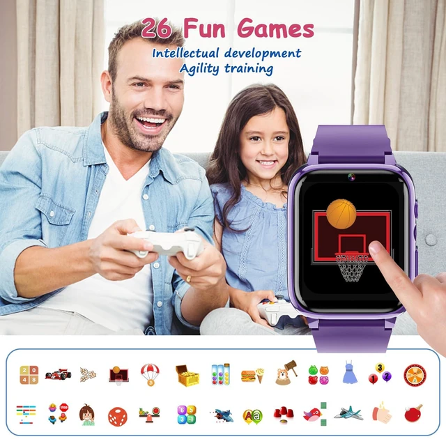Alt view image 4 of 7 - Kids Smart Watch for Boys and Girls, 1.69" Touchscreen, Purple | 26 Puzzle Games, Camera, Music & Video Player, Pedometer, School Mode, 1GB SD Card, 2 Screen Protectors