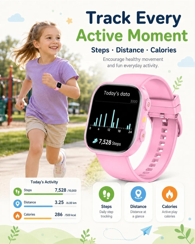 Alt view image 2 of 7 - Smart Watch for Kids No App No Phone Required, Fitness Tracker Watch for Kids with Heart Rate, Blood Oxygen, Sleep Monitor, Pedometer, Puzzle Games, Music, Audio Stories Boys Girls 4-12 Pink
