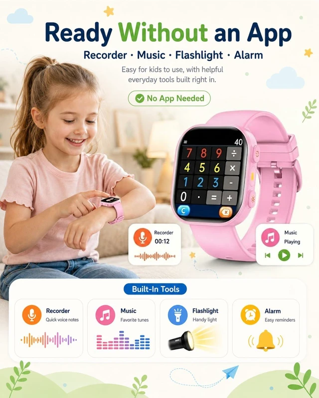 Alt view image 5 of 7 - Smart Watch for Kids No App No Phone Required, Fitness Tracker Watch for Kids with Heart Rate, Blood Oxygen, Sleep Monitor, Pedometer, Puzzle Games, Music, Audio Stories Boys Girls 4-12 Pink