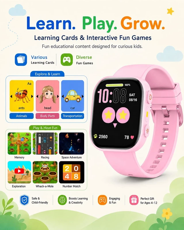 Alt view image 6 of 7 - Smart Watch for Kids No App No Phone Required, Fitness Tracker Watch for Kids with Heart Rate, Blood Oxygen, Sleep Monitor, Pedometer, Puzzle Games, Music, Audio Stories Boys Girls 4-12 Pink